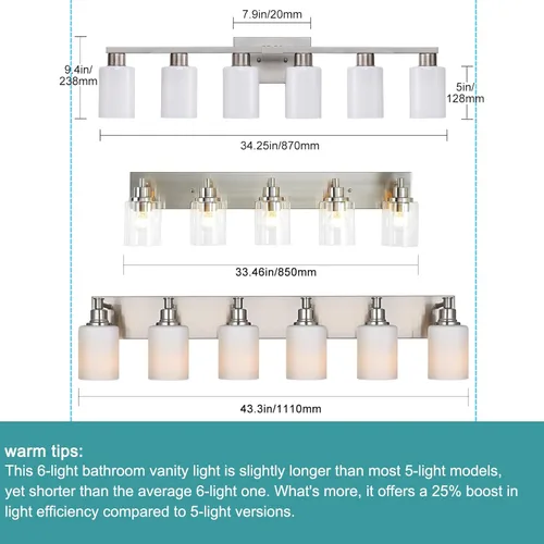 Vista 6 de Lámpara de tocador de baño de 6 luces, lámpara de níquel cepillado con pantallas de vidrio esmerilado blanco lechoso, iluminación grande sobre