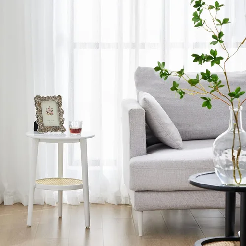 Vista 5 de Apicizon 2 Tier Round Side Table, White Rattan Nightstand Bedside Table with Storage, Boho End Table for Living Room, Bedroom, Small Spaces, Easy