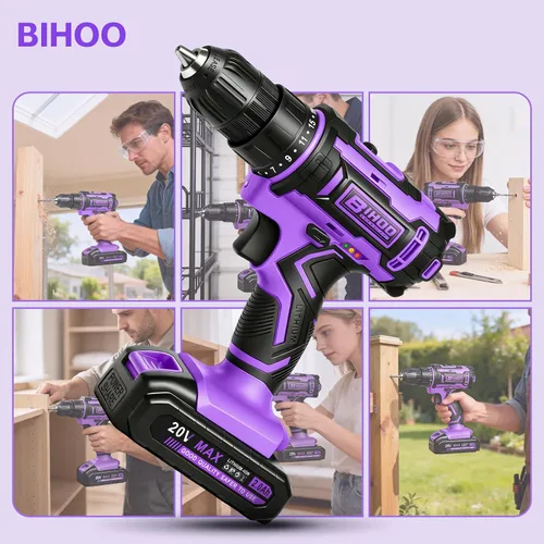 Vista 10 de Purple 20V Cordless Drill Electric Drill set, Electric Screwdriver with 2 Batteries & Charger, 3/8" Keyless Chuck, 25+1 Torque 2-Speed Hammer Drill