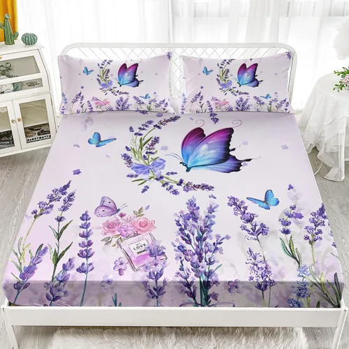 Vista 22 de AILONEN Juego de sábanas ajustadas con mariposas azules para niñas, juego de sábanas de tamaño individual con estampado floral de tie-dye