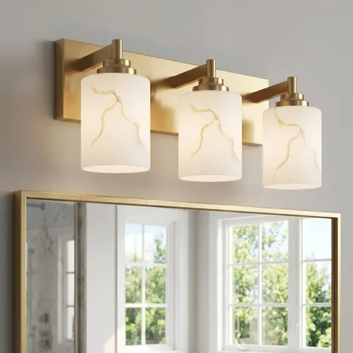 Vista 23 de Juego de 2 apliques de pared dorados con pantalla de vidrio de mármol, accesorios modernos de tocador de baño para dormitorio, pasillo, entrada