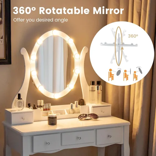 Vista 42 de CHARMAID Mesa de tocador para niñas con espejo iluminado y taburete, 10 luces LED regulables, 3 modos de iluminación de color, 4 cajones, mango