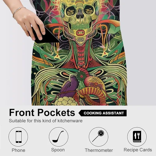 Vista 5 de MUSM Apron for Adults - 27.6 X 31.5 Inch, Heavy-Duty Polyester Aprons with Two Large Pockets, Waterproof Line Green Picture Kitchen Apron for