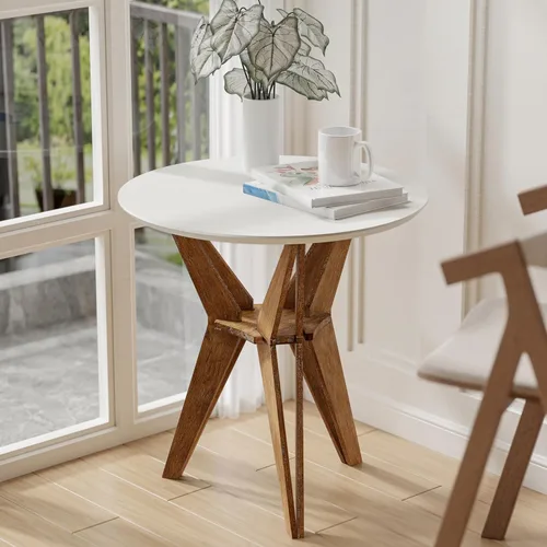 Vista 5 de COZAYH Mesa auxiliar de madera envejecida con patas entrecruzadas y patas en X, mesa decorativa con parte superior blanca y base de trípode