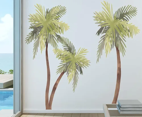 Calcomanía de pared de acuarela de palmera, decoración de casa de playa, calcomanías con estampado tropical, gaviotas de pájaros, 72 pulgadas de