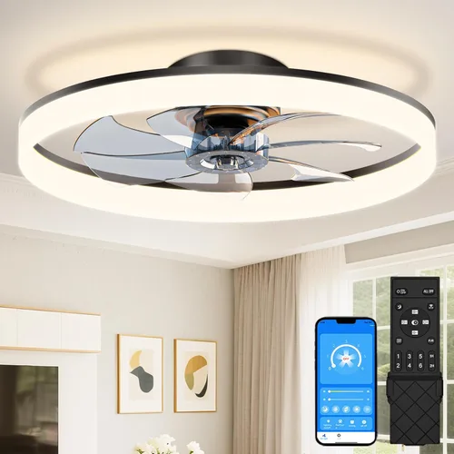 Vista 22 de VOLISUN Ventiladores de techo pequeños de 13 pulgadas con luces y control remoto, ventiladores de techo de perfil bajo con luz, luz de techo LED