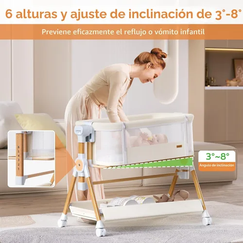 Vista 4 de Moisés de bebé 3 en 1, moisés de cabecera/mecedora para bebé, cuna de cabecera con ruedas bloqueables, colchón impermeable, 6 alturas ajustables