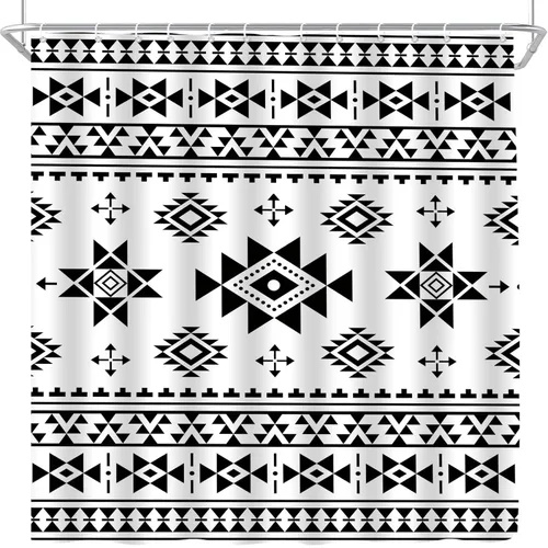 Vista 5 de Cortina de ducha azteca, color negro, blanco, bohemio, tribal, suroeste, navajo, nativo, étnico, abstracto, geométrico, triangular, a rayas