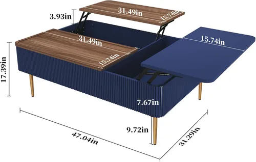 Vista 3 de HLR Mesa auxiliar de doble elevación de 47 pulgadas con almacenamiento, moderna mesa de centro de madera acanalada con compartimento oculto, mesa