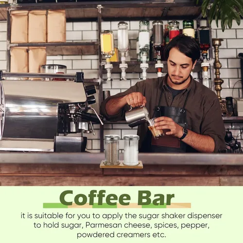 Vista 4 de FoldTier Dispensador de azúcar de vidrio con bandeja de 12 onzas, recipientes de azúcar de estilo retro con tapa de acero inoxidable para cafetería