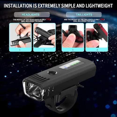 Vista 5 de Juego de luces de bicicleta recargables USB ultra brillantes, 4 modos de luz, faros delanteros y traseros de bicicleta, luz delantera y trasera