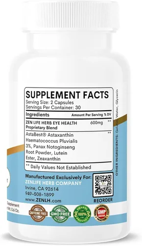 Vista 9 de ZEN LIFE HERB Salud ocular con Panax Notoginseng astaxantina luteína y zeaxantina (60 cápsulas) Certificado GMP