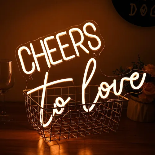 Vista 4 de Letrero de neón regulable con texto en inglés Cheers to Love con luces de neón para decoración de pared, decoración de Navidad, boda, compromiso