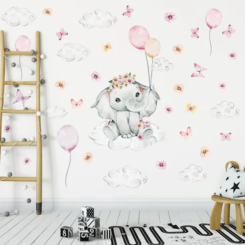 Vista 6 de Lindas calcomanías de pared de elefante rosa, calcomanías de pared de elefante rosa acuarela, calcomanía de pared de globo de acuarela, calcomanía