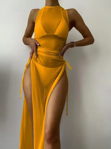 Vista 2 de SheIn Conjunto de bikini sexy de 3 piezas para mujer, con malla y micro triángulo, halter