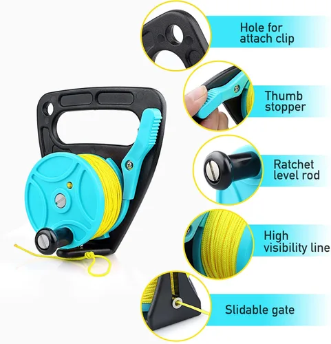 Vista 3 de Carrete de buceo con tapón de pulgar, carrete de buceo retráctil de alta visibilidad de 150 pies con interruptor de parada de mango para exploración