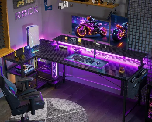 Vista 25 de ODK Escritorio para juegos de 40 pulgadas con tomas de alimentación USB y luces LED, escritorio reversible en forma de L con estantes de Superficie