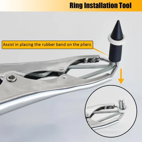 Vista 5 de Kit de bandas de cabra, alicates de acero inoxidable con 70 anillos de 2 tamaños, herramienta de instalación de anillo, herramienta de expansión