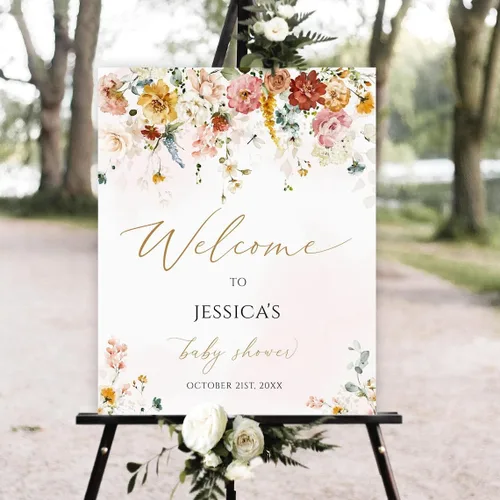 Vista 14 de Letrero de bienvenida personalizado de flores silvestres para baby shower, decoración floral, letrero de plástico