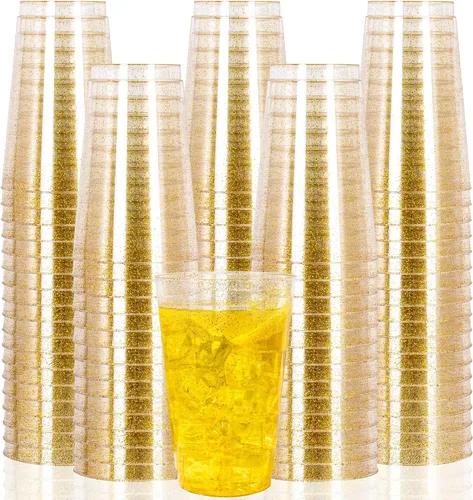 I00000 Paquete de 100 vasos de plástico dorados de 14 onzas, vasos desechables de plástico con purpurina dorada, copas de vino desechables, copas de