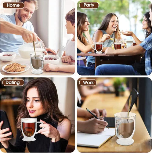 Vista 6 de Gejoy 6 juegos de tazas de café de vidrio de doble pared con cuchara, taza de café transparente aislada con asa, tazas de café de vidrio