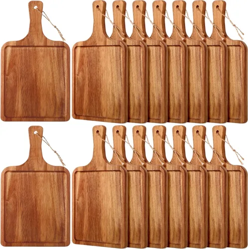 Vista 7 de Tanlade 16 tablas de cortar de madera de acacia con asa, tablas de cortar decorativas para charcutería, pizza, pan, queso, bandeja para servir