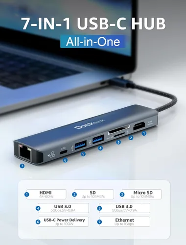 Vista 2 de dockteck Hub USB C 7 en 1 con HDMI 4K 60Hz, Ethernet de 1 Gbps, entrega de energía de 100 W, ranuras para tarjetas SD/TF, puertos de datos USB 3.0
