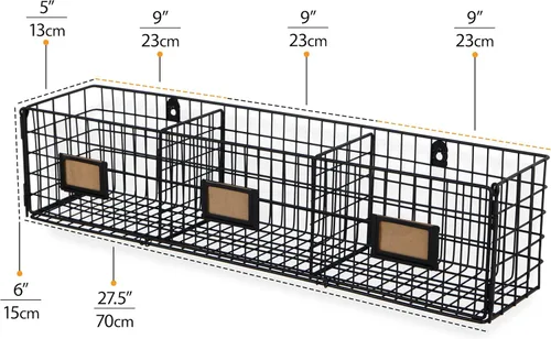 Vista 5 de Wall35 Amalfi Hanging File Folders Office Desk Organizer Wall Mount Wire Basket Storage Magazine Holder 3 Sectional Set of 2 Black