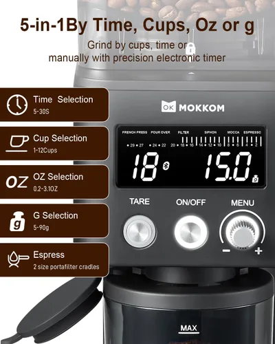 Vista 5 de MOKKOM Molinillo de café con báscula de café extraíble a través de conectividad Bluetooth, molinillo de granos de café cónico antiestático, 31