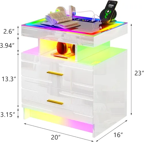 Vista 25 de HNEBC Mesita de noche LED, mesita de noche negra con estación de carga, USB + tipo C + carga inalámbrica, mesita de noche inteligente con sensor