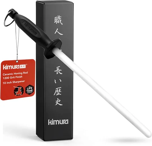 Vista 5 de Kimura® Acero de afilado profesional, varilla de afilado de 10 pulgadas, afilador de cuchillos de acero al carbono, acero magnetizado, mango