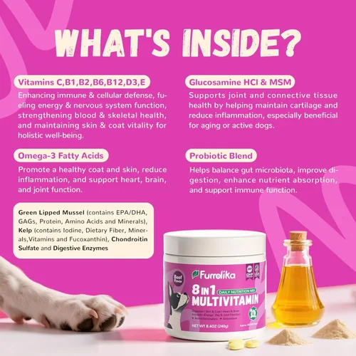 Vista 3 de Furrolika 60 unidades de multivitamínicos masticables suaves, fabricados en los Estados Unidos, vitaminas y suplementos para perros con glucosamina