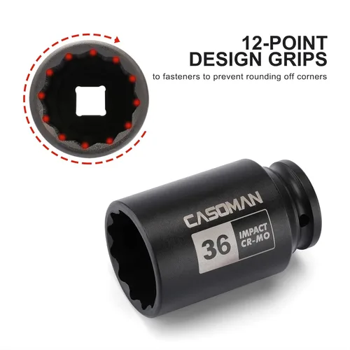 Vista 3 de CASOMAN 1/2" Drive x 36 mm Profundo 12 PT Juego de Tuercas de Eje de Impacto, CR-MO, Juego de Tuerca de Eje de 1/2 Pulgada 12 Puntos para Fácil