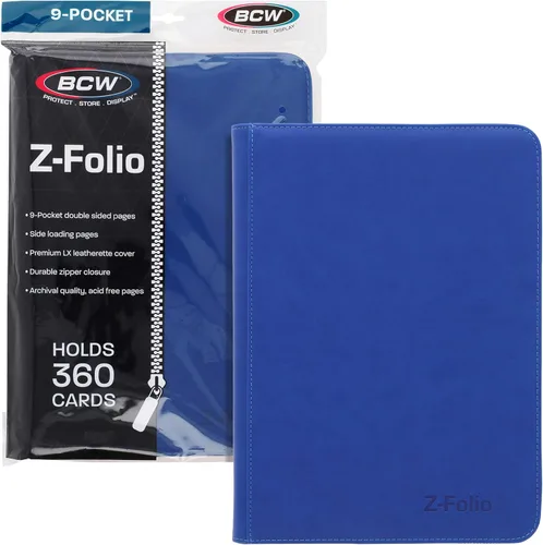 BCW Z-Folio - Álbum LX de 9 bolsillos - Azul | Organizador de tarjetas con cremallera segura | Carpeta de colección de tarjetas de cuero sintético