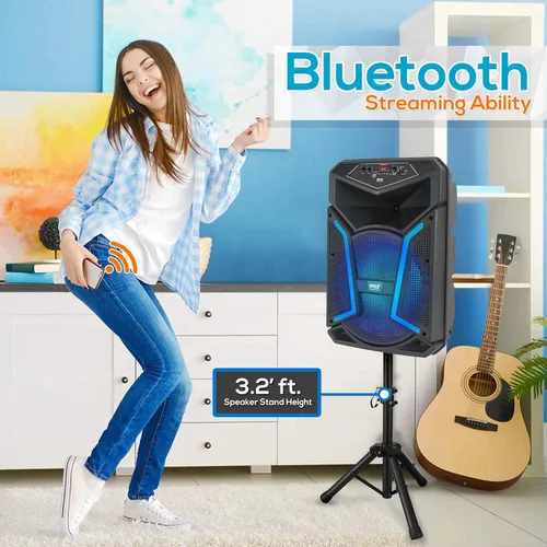 Vista 5 de Sistema de altavoces PA Bluetooth portátil, 800 W, altavoz Bluetooth para exteriores, sistema PA portátil con micrófono, luces de fiesta, lector