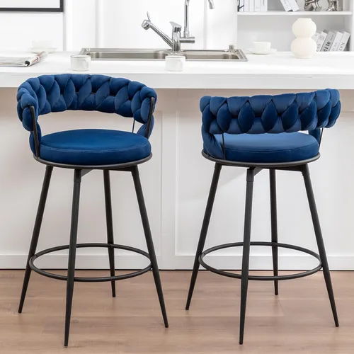 Juego de 2 taburetes de bar giratorios modernos con respaldo tejido, taburetes de bar de terciopelo para isla de cocina, cafetería, pub, azul