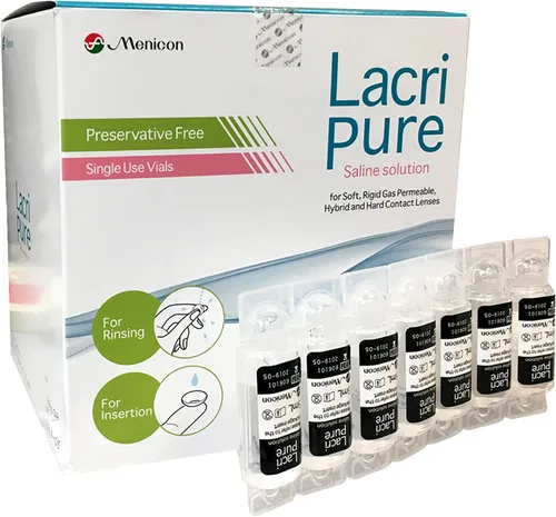 Menicon LacriPure Solución Salina para Lentes de Contacto, para Enjuague y Inserción de Lentes, 98 Viales, 5ml