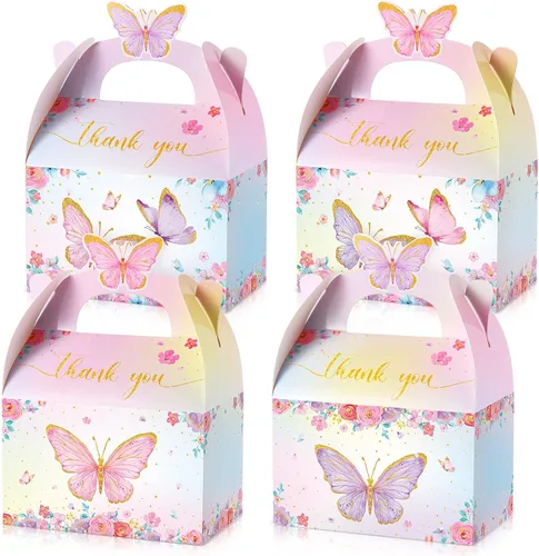 Nezyo 12 cajas de regalo de fiesta de mariposas, caja de regalo de papel para fiesta de cumpleaños, baby shower, boda y flores de mariposa rosa y