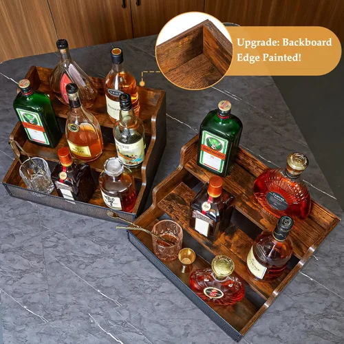 Vista 4 de Paquete de 2 estantes de exhibición de botellas de licor de mostrador de 3 escalones, estantes de bar de madera para 12 botellas con cercas