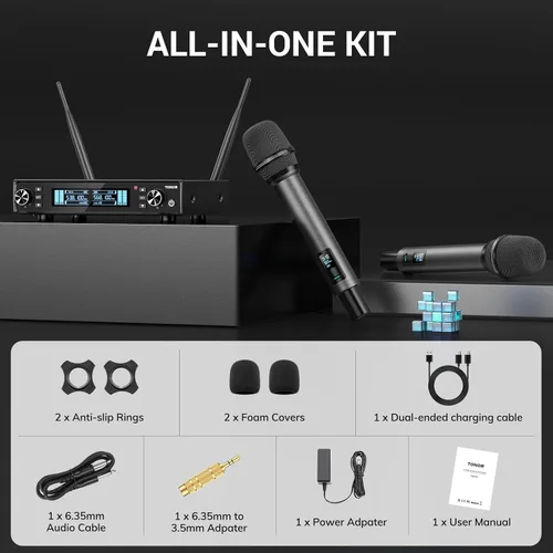 Vista 9 de TONOR Sistema de Micrófono Inalámbrico, Escaneo Automático y Emparejamiento UHF Micrófono de Karaoke Recargable, 2x100 Micrófono Inalámbrico