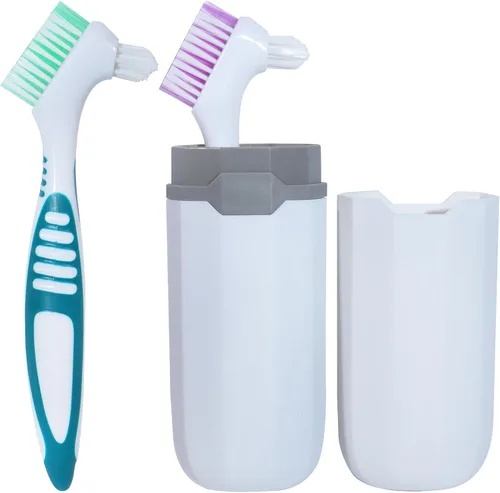 2 Piezas Cepillo para Dentaduras Postizas Cepillo de Dientes Falsos con 1 Estuche de Transporte Blanco, Cepillo de Limpieza Eficaz para Dentaduras
