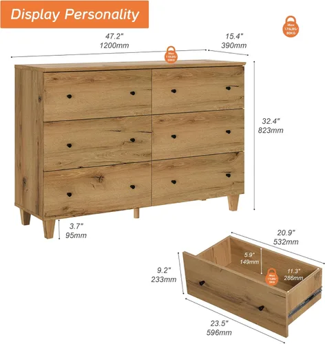 Vista 2 de WAMPAT Cómoda de 6 cajones para dormitorio, cómoda doble de 47.2 pulgadas de ancho con cómoda, organizador de almacenamiento de armario de madera