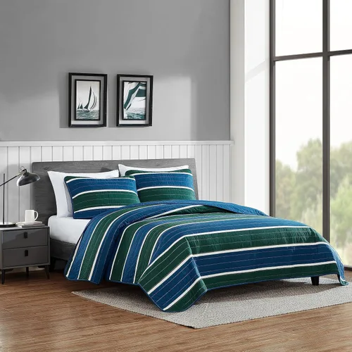 Vista 2 de Nautica - Juego de edredón tamaño Queen, ropa de cama reversible de algodón con fundas a juego, decoración informal del hogar para todas