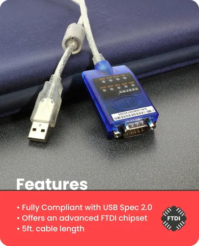 Vista 5 de Gearmo Adaptador USB a serie RS-232 con indicadores LED, chipset FTDI, compatible con Windows 11/10/8.1/8/7, Mac OS X 10.6 y superior