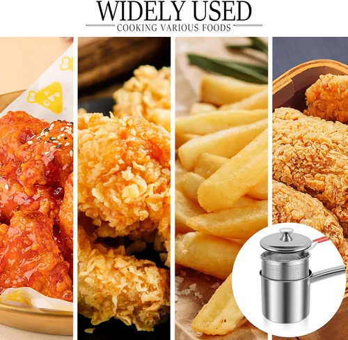 Vista 7 de Olla para freír con cesta coladora, olla de acero inoxidable con tapa y asa, mini freidora de aceite de 1.8 litros, freidora portátil, freidora