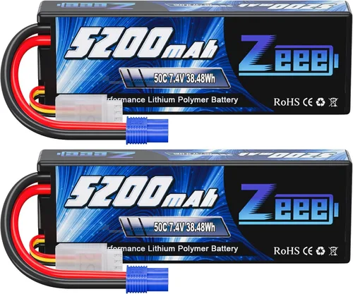 Zeee Batería Lipo 2S 5200mAh 7.4V 50C Hard Case Battery con enchufe EC3 compatible con vehículos RC 1/8 1/10 Car Slash RC Buggy Truggy Airplane UAV