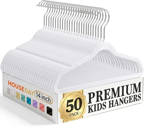 Vista 21 de HOUSE DAY Perchas de terciopelo para bebés de 11 pulgadas, paquete de 50 perchas color beige de primera calidad para niños, ropa de bebés y niños