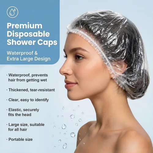 Vista 4 de MAQIHAN 100 gorros de ducha desechables grandes – Gorros de plástico grueso para acondicionamiento profundo, gorro de ducha reutilizable impermeable