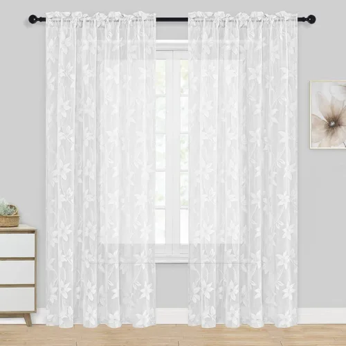 Vista 59 de DWCN Paquete de 2 cortinas traslúcidas pequeñas de encaje floral beige para cocina, cortinas traslúcidas ligeras con bolsillo para barra, cortinas