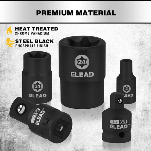 Vista 4 de Juego de llaves de vaso E-Torx invertidas de 17 piezas, acero Cr-V de impacto prémium E4 - E24 Star hembra para llave de impacto 1/2 3/8 1/4 Kit